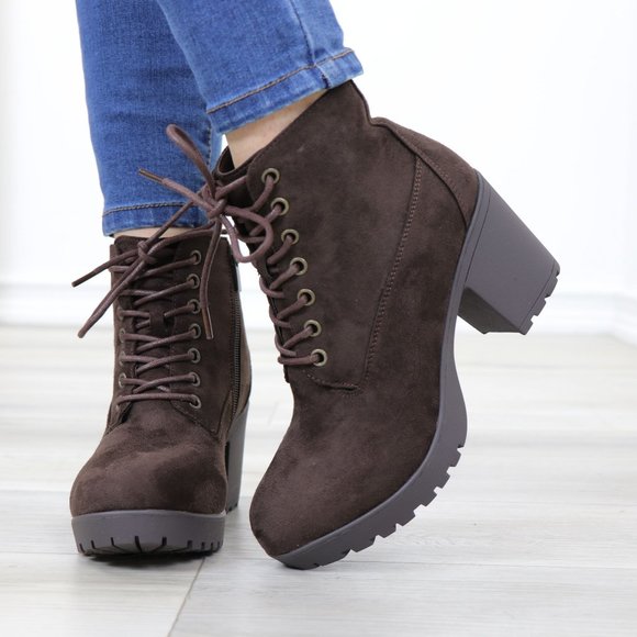 Brown Faux Suede Lace-Up Lug Chunky Block High Heel Ankle Boots - Picture 10 of 12